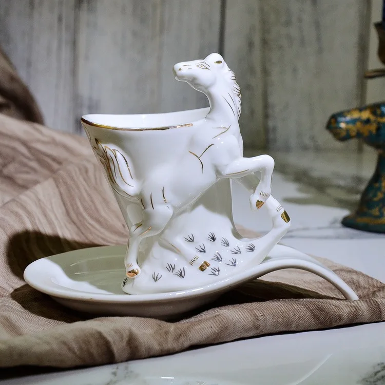 3D Beautiful embossed horse Mug with dish Porcelain Elegant Coffee Cup dish Black tea cups Ceramic Mugs Luxury Demitasse