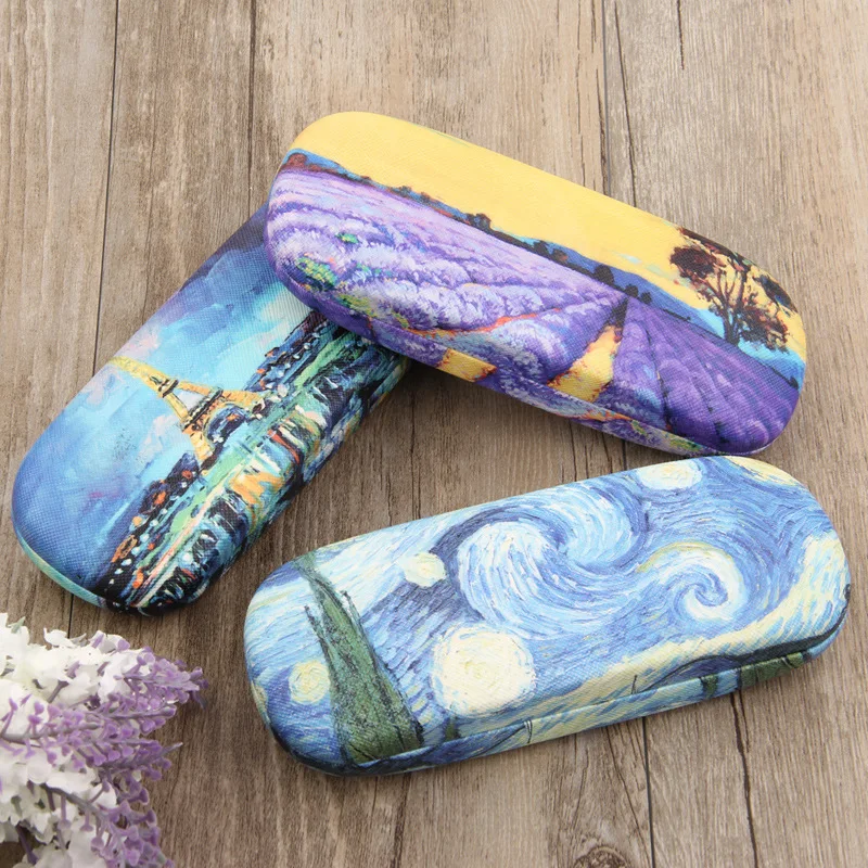 Oil Painting Glasses Case Box Women Hard Leather Reading Glasses Case Men Retro Unisex Floral Print Eyewear Protector