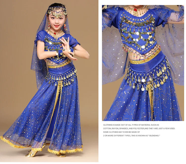 Girls Bollywood Dance Costume Set Kids Belly Dance Indian Sari Children Chiffon Outfit Halloween Top Belt Skirt Veil Headpiece