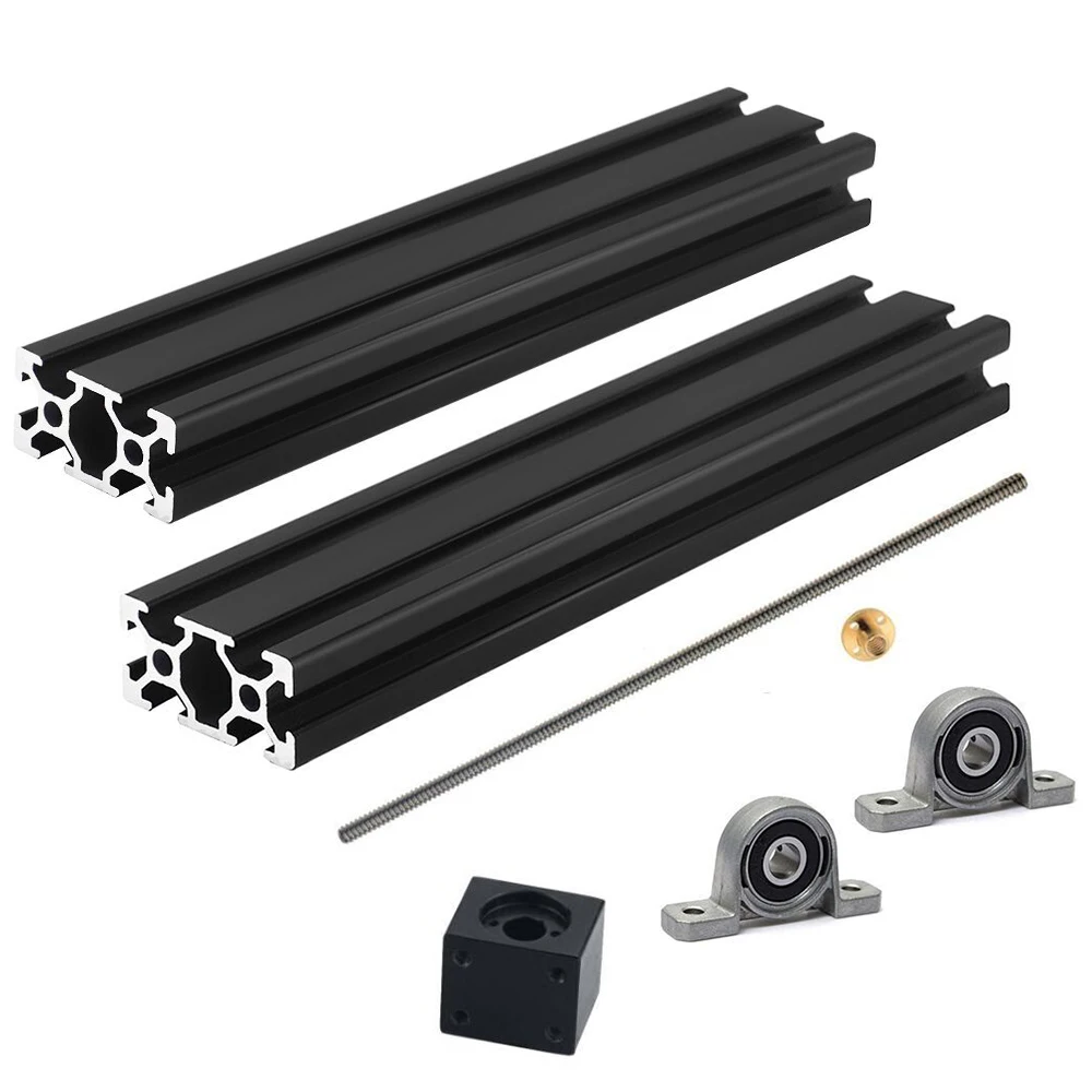 3D Printer Guide Rail Sets T8 Lead Screw 500mm Length + 2040 500mm Black T-slot Profile + KP08 + Black Nut Housing