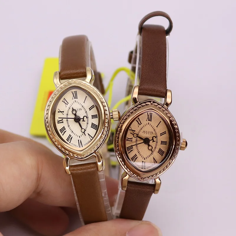 Mini montre à Quartz japonaise en cuir pour femmes, montre-Bracelet à la mode, ovale, rétro, cadeau pour filles, sans boîte