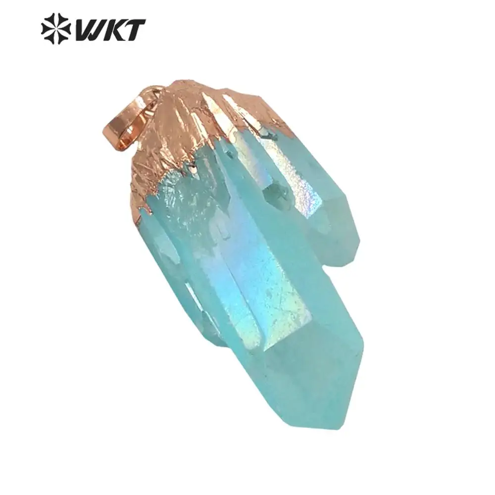 

WT-P1610 Amazing Light Aqua Aura Crystal Pendant Women Fashion Rose Gold Spirit Quartz Point Stone Natural Accessories