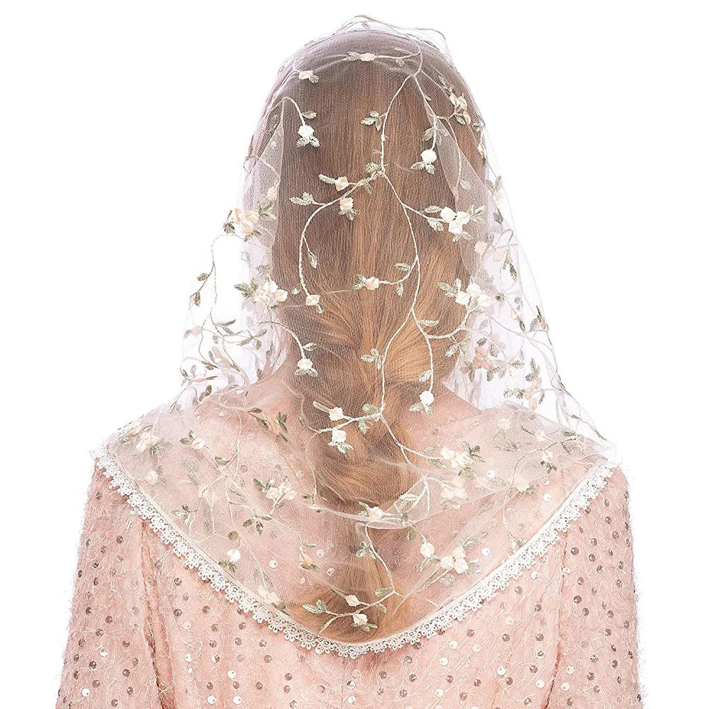 Women Chapel Veils Lady Mantilla Infinity Veil Latin Mass Little Floral Soft Embroidered Lace Head Covering Scarf for Bride