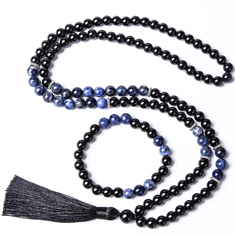 8mm Black Agate  Blue Sodalite Beaded 108Mala Necklace Meditation Yoga Blessing Jewelry Bracelet Set Men's and Women's Rosary