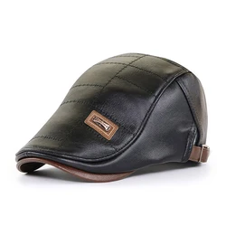Boina de cuero PU Retro para hombres, sombrero de boina de piel sintética, visera de mediana edad, gorra plana cálida con visera ajustable, Otoño e Invierno