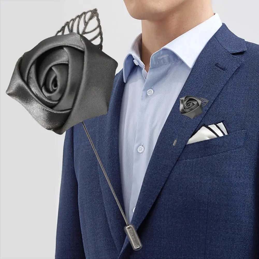 Cheap Silver Leaf Silk Rose  Men Collar Pin Boutonniere Wedding Men Prom Wedding Corsages Flower Pin X1379Y