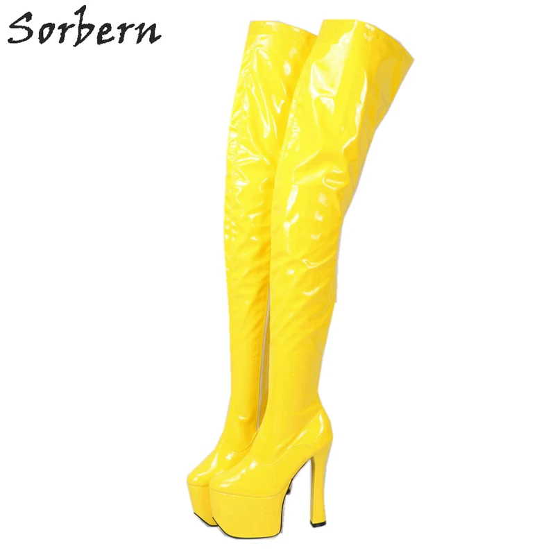 Sorbern Yellow Patent Crotch Thigh High Boots Women Block High Heels Custom Wide Calf Long Boot Platform Chunky Heel Shoes