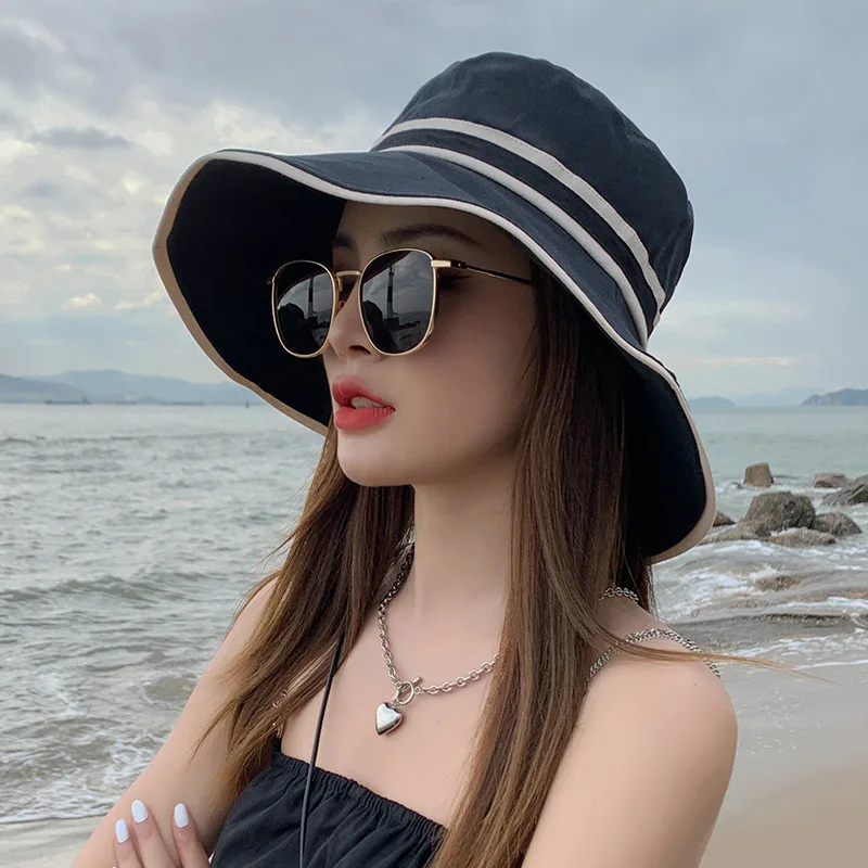 K154 Women\'s Bucket Hat Panama Fashion Women\'s Summer Hat Stripe Panama Sun Protection Fisherman\'s Hats Sun Visor Cap Beach