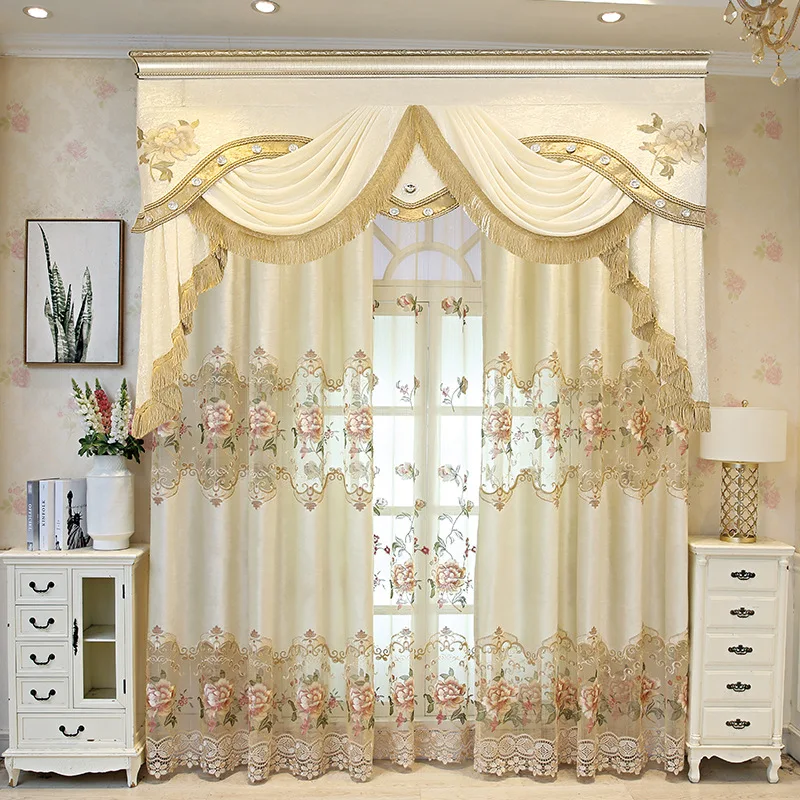Vorhänge im europäischen Stil für Wohnzimmer, Esszimmer, Schlafzimmer, luxuriöse, individuelle, ausgehöhlte Blumen, Stickerei, beige Fenstervorhang-Dekor – Detail 1