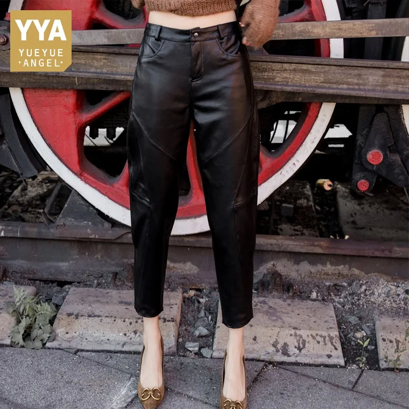 Spring New Women Loose Fit Ankle Length Pants Sheepskin Pencil Pants Streetwear Trousers Ladies Casual Genuine Leather Pants 4XL