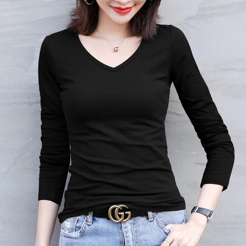 T shirt pink v neck wrap top Sexy basic short t-shirts Long Sleeve Round T-Shirt Plain Cotton Spandex Big Size Lady T-shirts