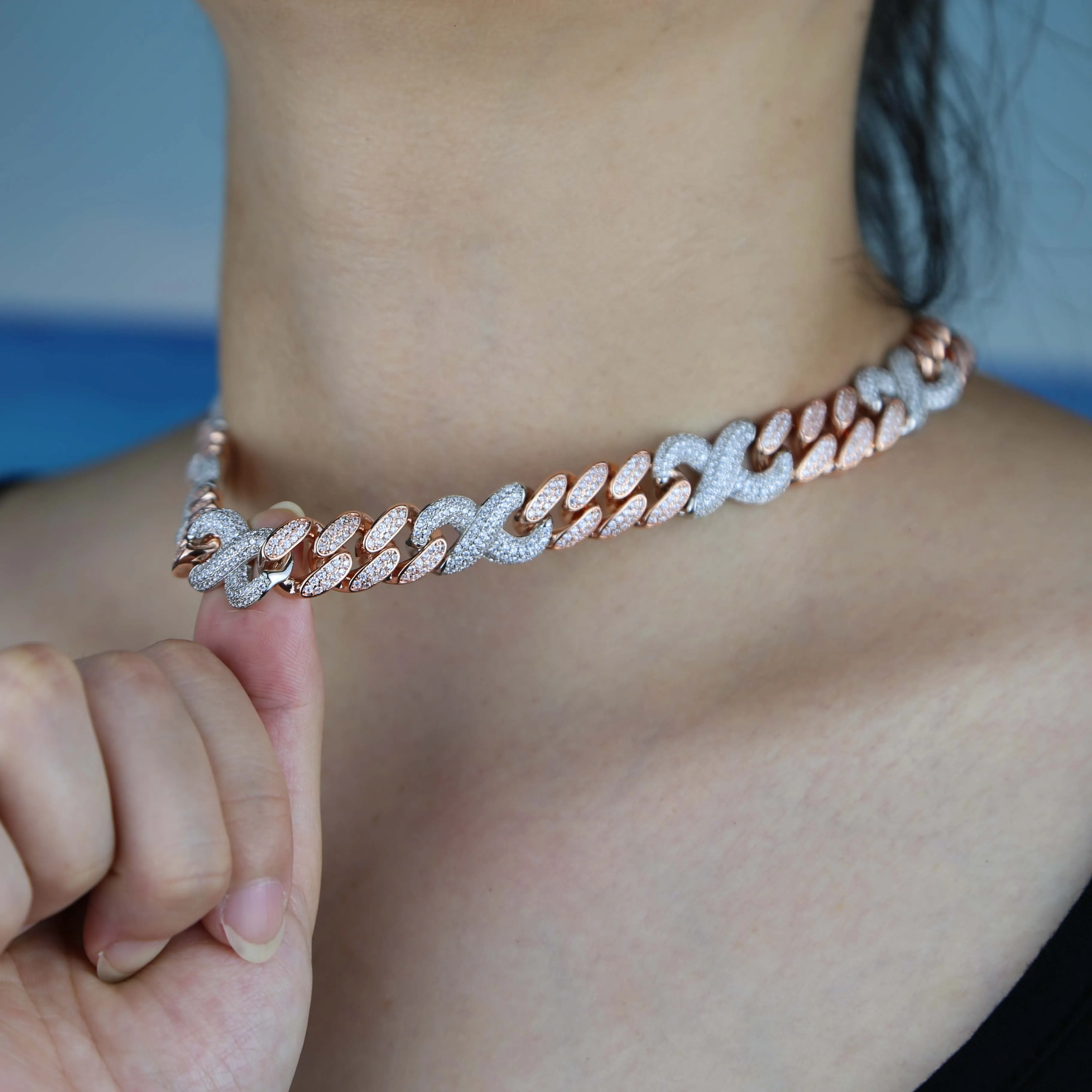 New micro pave 5A CZ iced out bling bling infinity cuban link chain rose silver color two tone cuban chain women necklace