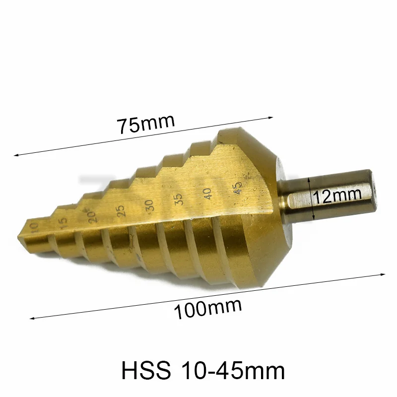 

Cone Hole Step Multifunction Drill Bit Hss Titanium plating 12mm Shank Metal Wood Steel Pvc Hole Drilling 10-45MM