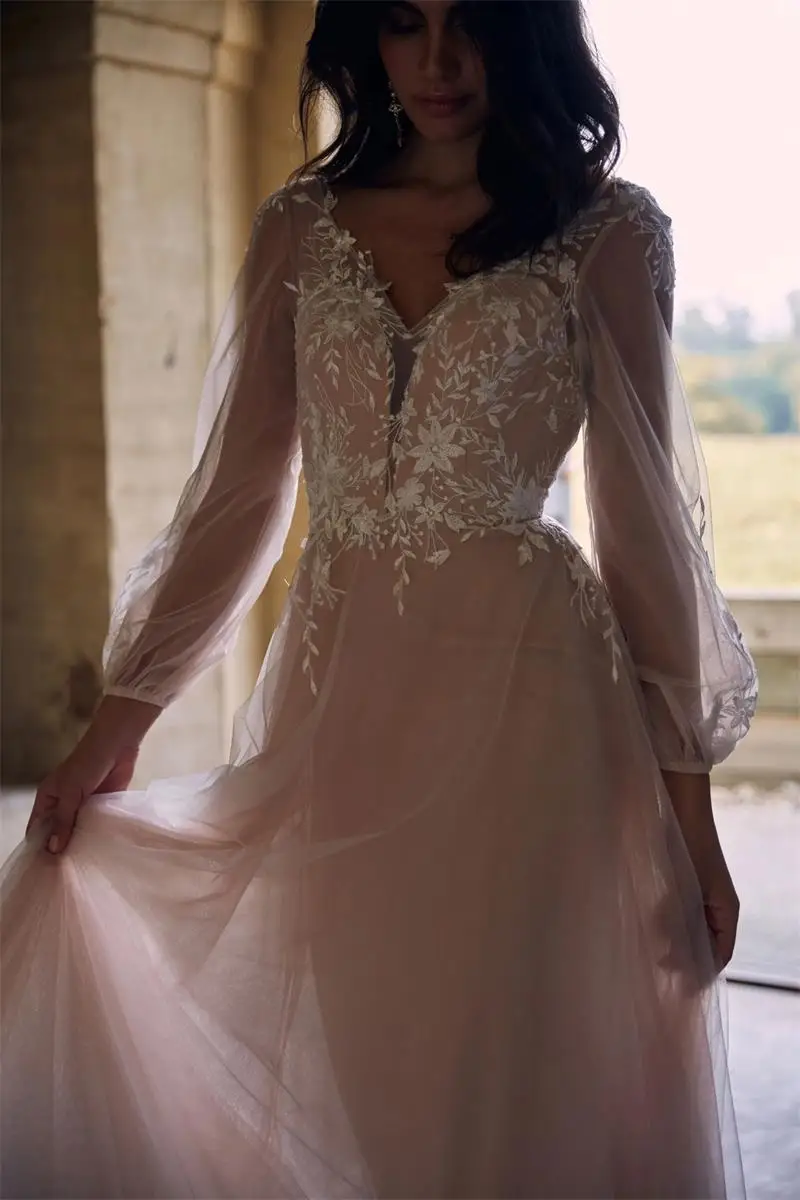 Magic Awn maniche a sbuffo complete abiti da sposa rosa illusione da spiaggia Appliques di pizzo scollo a v Boho abiti da festa di nozze abiti aperti sul retro