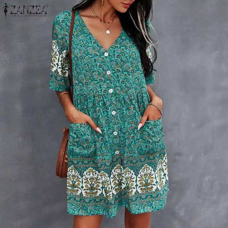 Women Bohemian Printed  Sundress ZANZEA V Neck Mini Dress 2023 Summer Short Sleeve Floral Kaftan Ladies Holiday Button Vestidos