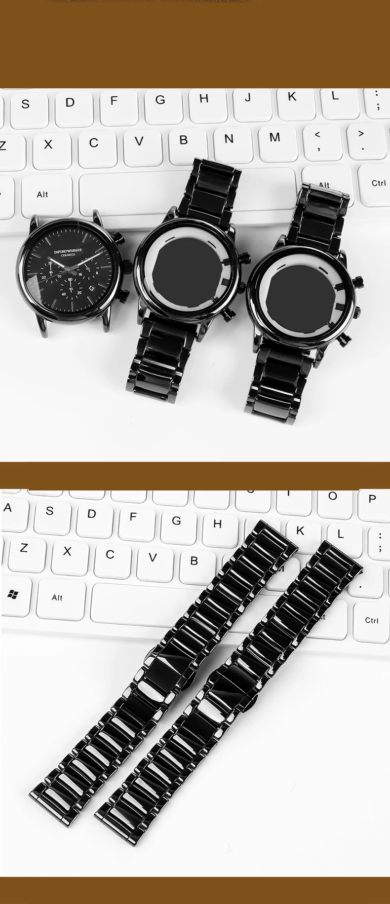 22mm Black High-Grade Bright Ceramic Strap Bracelet Watchbands for Armani Watch AR1507 AR1509/70002 AX7105 Ceramic Watch