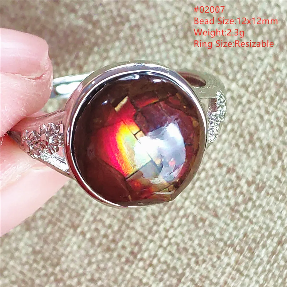 Genuine Natural Ammonite Ammolite Red Green Ring Men Woman Crystal Beads 925 Sterling Silver Adjustable Rings AAAAA