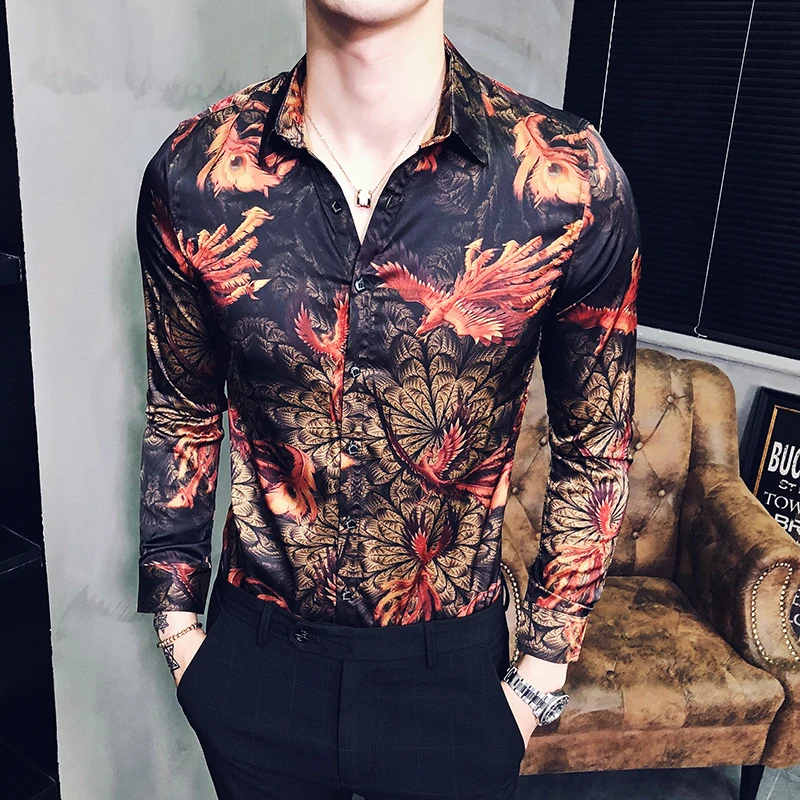 Phoenix Print Fire Shirt Social Club Shirt Four Season Long Sleeve Slim Fit Shirt Men Designer Prom Shirt Camisa Masculina 5xl