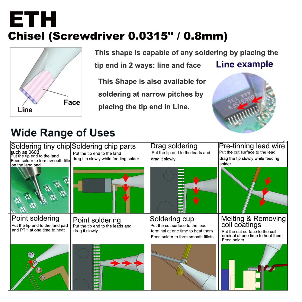ETH Replacement Soldering Tip Chisel 0.8mm Fit WELLER WES51 WES50 WESD51 WE1010NA WE1010EU PES51 PES50 LR21 LR20 Welding Bit
