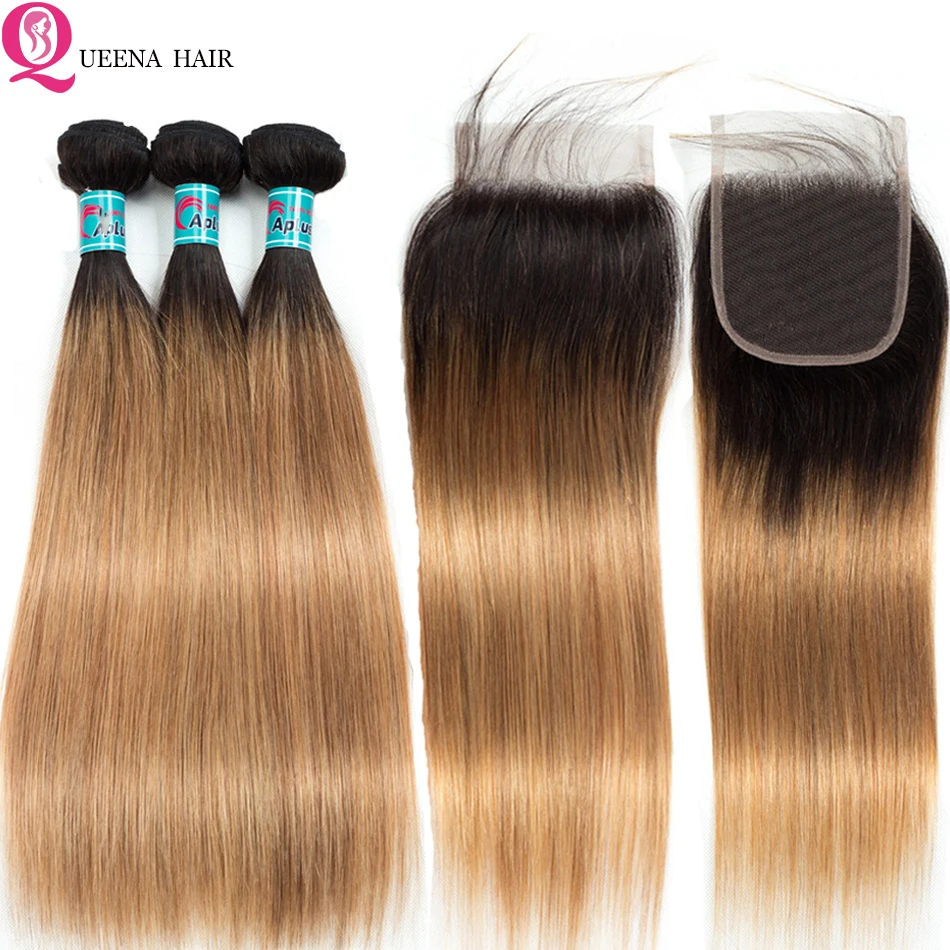 

Straight Human Hair Bundles With Closure 1B/27 Honey Blonde Ombre Bundles With Closure Remy Straight Bundles With Closure 10A