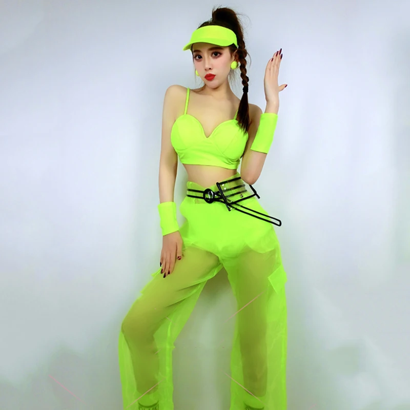 GKnitting-Tenue de brevFluorescente pour Femme, Bikini Vert, Vêtements Hip Hop, Dj, Jazz, Costume de Performance, Discothèque, Scène, ChrV15847