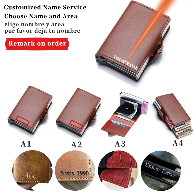 Tarjetero con nombre personalizado para hombre, billetera con bloqueo Rfid, protección de cuero, Metal, aluminio, funda para tarjeta bancaria