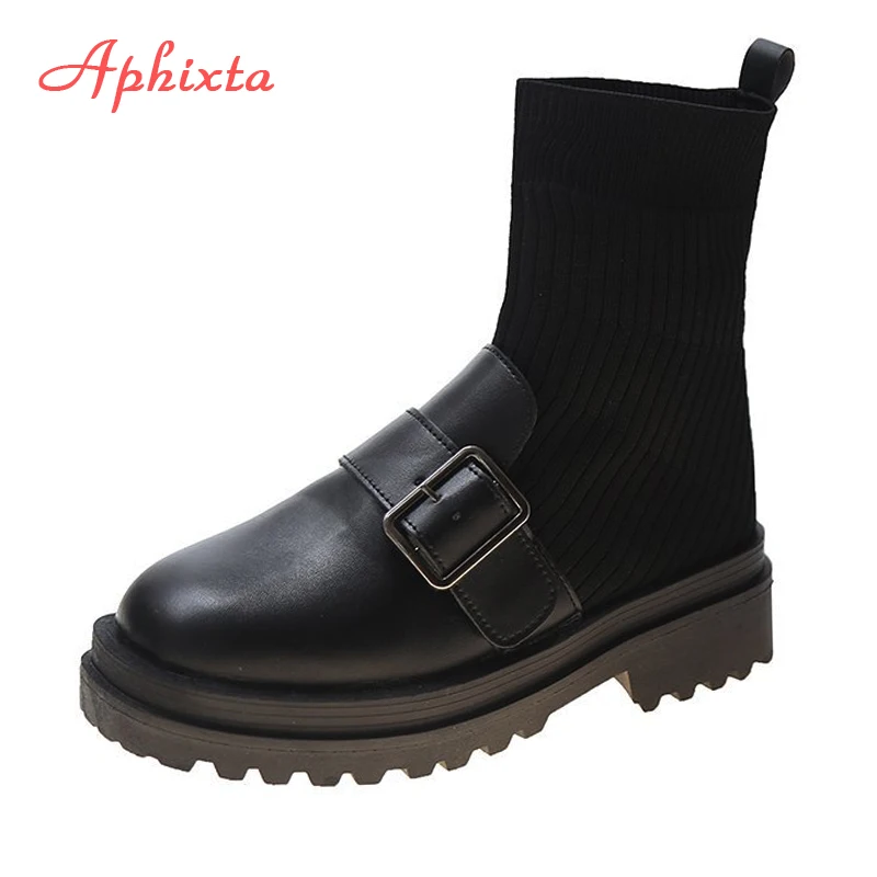 Aphixta Stretch Fabric Buckle Women Boots Fashion Round Toe Square Heels Ankle Boots Slip-on Shoes Woman Boats