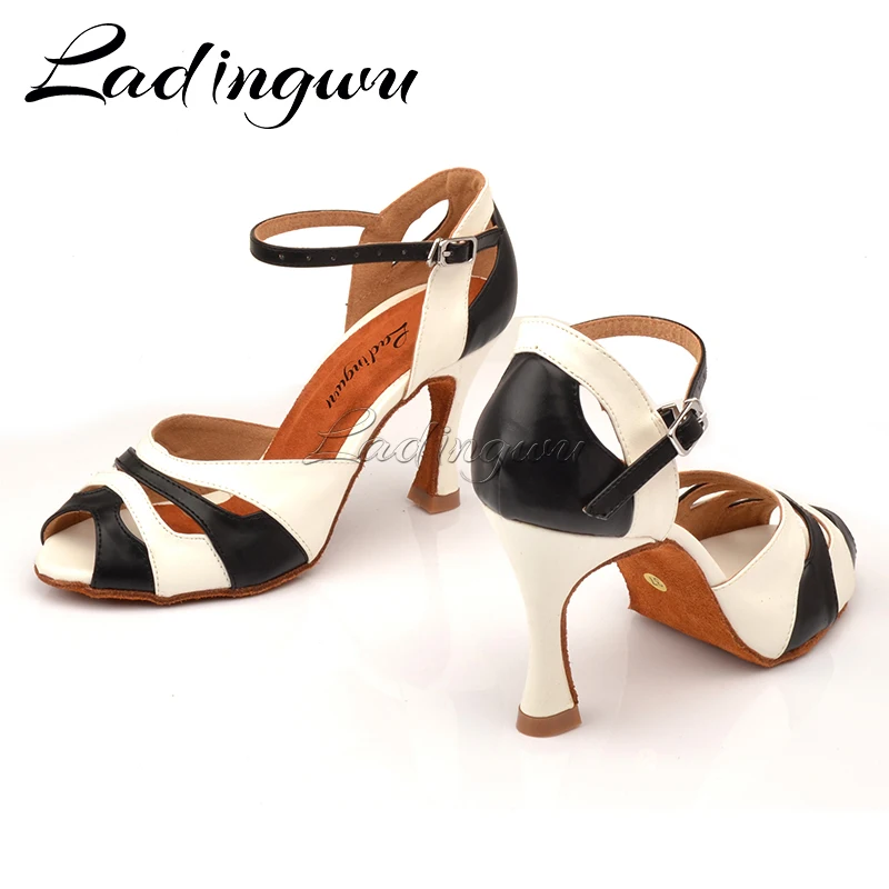 Ladingwu Ballroom Dance Shoes Women Black and White Leather Latin Dance Shoes Girls Ladys Dance Shoes Profession Dance Shoes