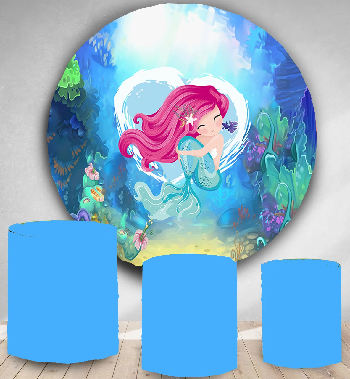 

Mermaid themed backdrop Round Panel circle background birthday party decoration dessert table banner baby shower polyester