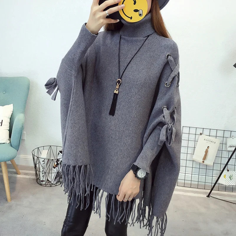 Women Cloak Sweater Drawstring Solid Casual Loose Batwing Sleeve Knitted Cape Pullover Spring Autumn Tassel Ladies Jumper Poncho