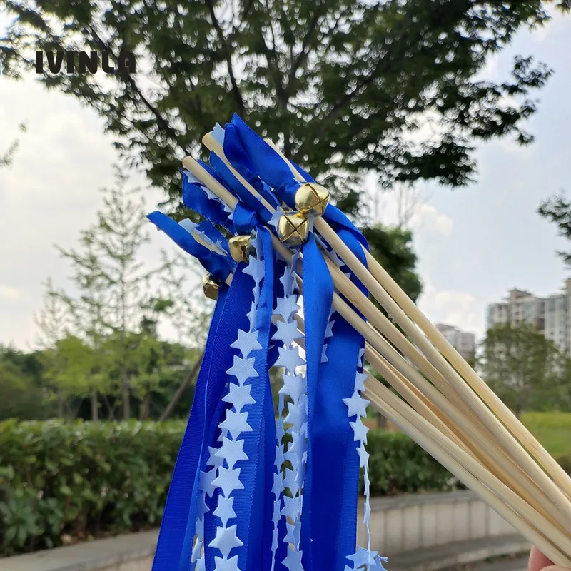 

30pcs/ blue star wedding ribbon wands with gold bell ribbon Twirling Streamers wedding ribbon stick