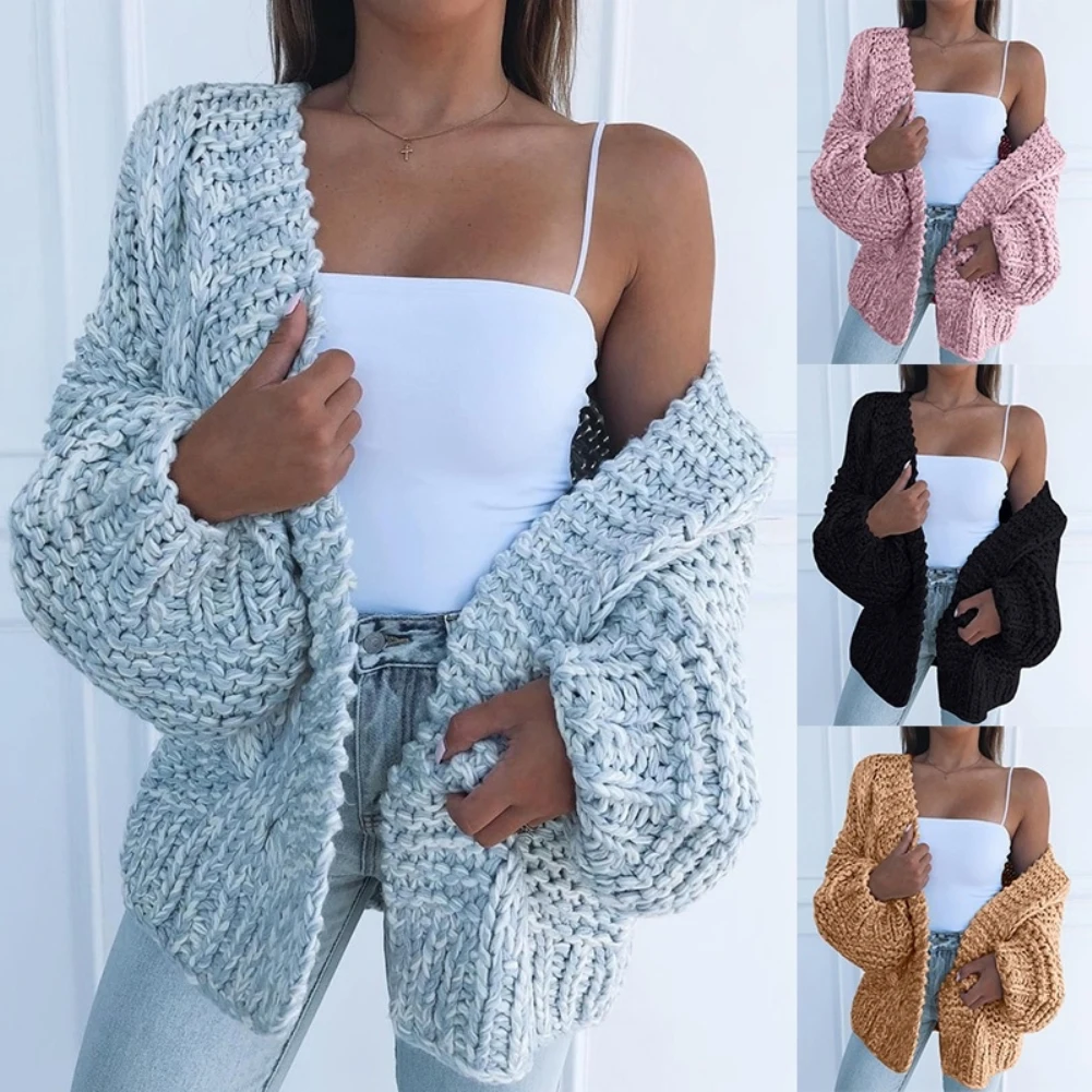 cardigan women spring 2021 Knitted Sweater Winter Fashion Women Thick Sweater Cardigan Warm Solid Color Open Front Coat Black xl