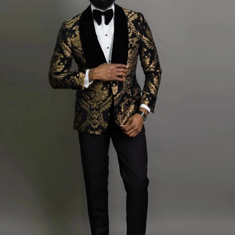 Traje de Jacquard Floral azul marino para hombre, traje de graduación para boda, esmoquin ajustado para novio, chaqueta y pantalones de traje de