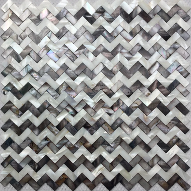 Imagem -03 - Mix Branco Seamless Herringbone Telha da Parede Mãe de Pearl Backsplash Mop19009 Preto