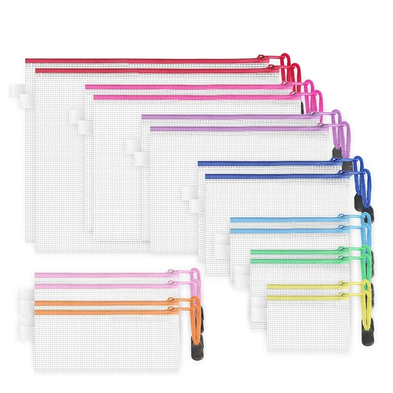 

NEW-18 Pack 8 Sizes Zipper Mesh Pouch, Waterproof Zipper File Bags Document Pouch Multipurpose Travel Bags (9 Colors)