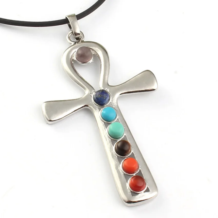 100-Unique 1 Pcs Charm Silver Plated 7 Stone Beads Cross Meditation Healing Chakra Pendant Jewelry