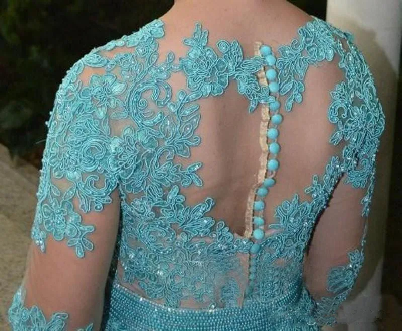 Accesorio de noche vestido con cuello redondo con apliques ilusión manga larga azul encaje vestido de noche botón Atrás vestidos de graduación 2019 vestido de Graduación