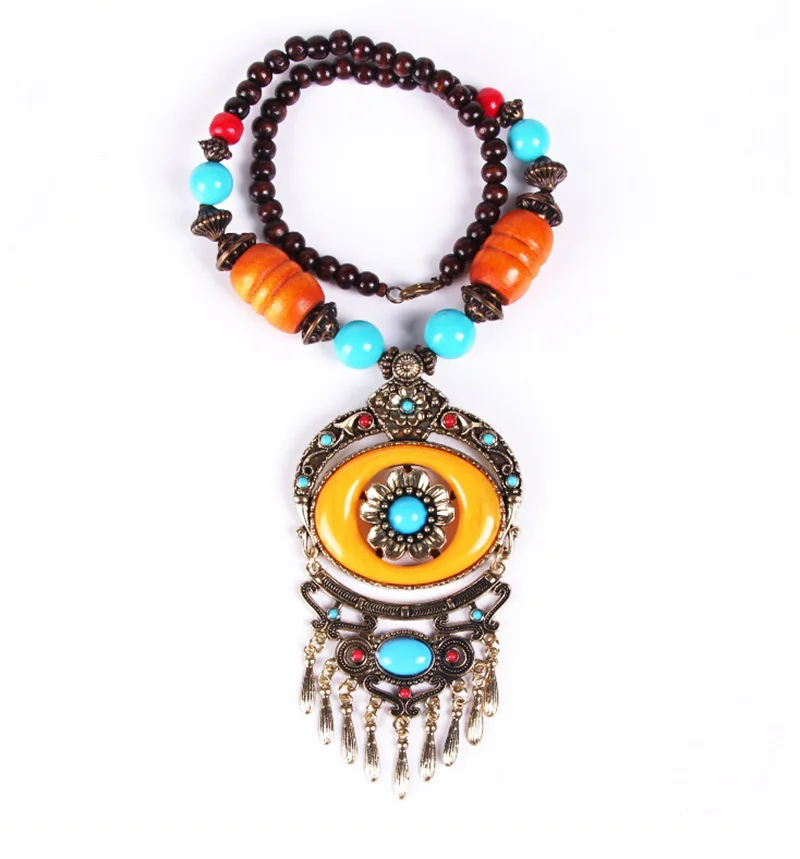 Vintage Nepal Long Buddhist Stone Flower Pendant & Necklace For Women Boho Beads Tassel Wood Necklace Lucky Jewelry