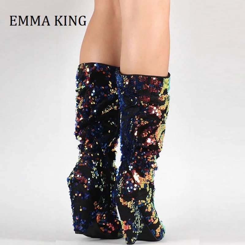 

Women Spike Heel Fashion Glitter Mid-calf Boots Slouchy Multi Color Sequin Trendy High Heel Boots Pointy Toe Cone Heeled Boots