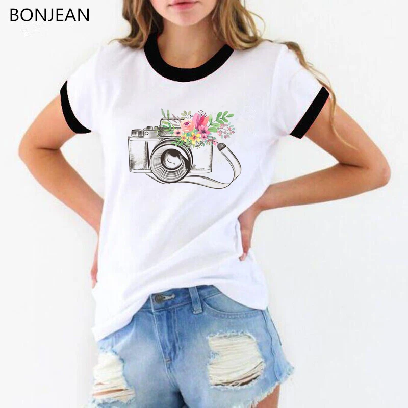 2024 Summer Top Flower Camera Printed T Shirt Women'S Short Sleeve Tshirt Femme Casual White T-Shirt Female Streetwear Tees