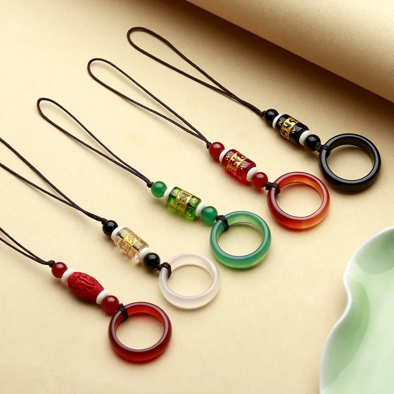 Chinese Style Short Phone Lanyard with Agate Stone Finger Ring Mobile Phone Strap Lanyards