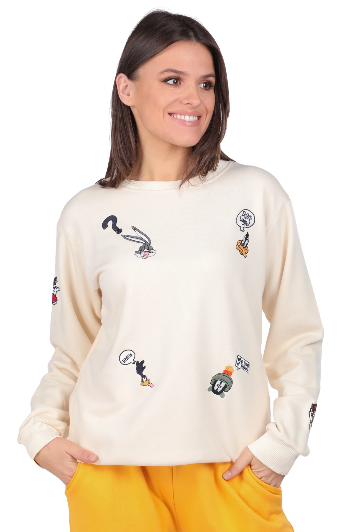 Cartoon Character Embroidered Raw White Women Sweatshirts