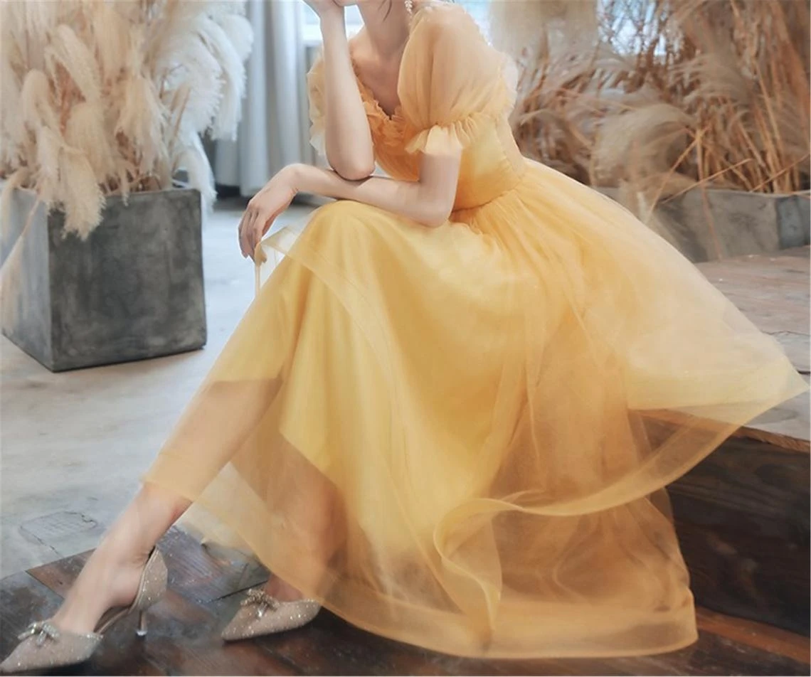 Abito da ballo fata giallo abito da ballo abito da sera lungo in Tulle con manica elegante abito da damigella d'onore abito da ballo di laurea personalizzato