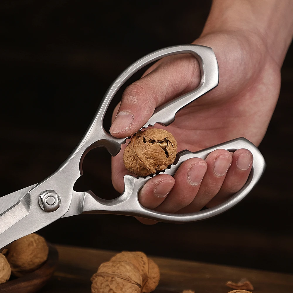 HEZHEN Stainless Steel Kitchen Scissors Walnut Powerful multifunctional kitchen scissors Crack walnuts Scraping fruit and vegeta