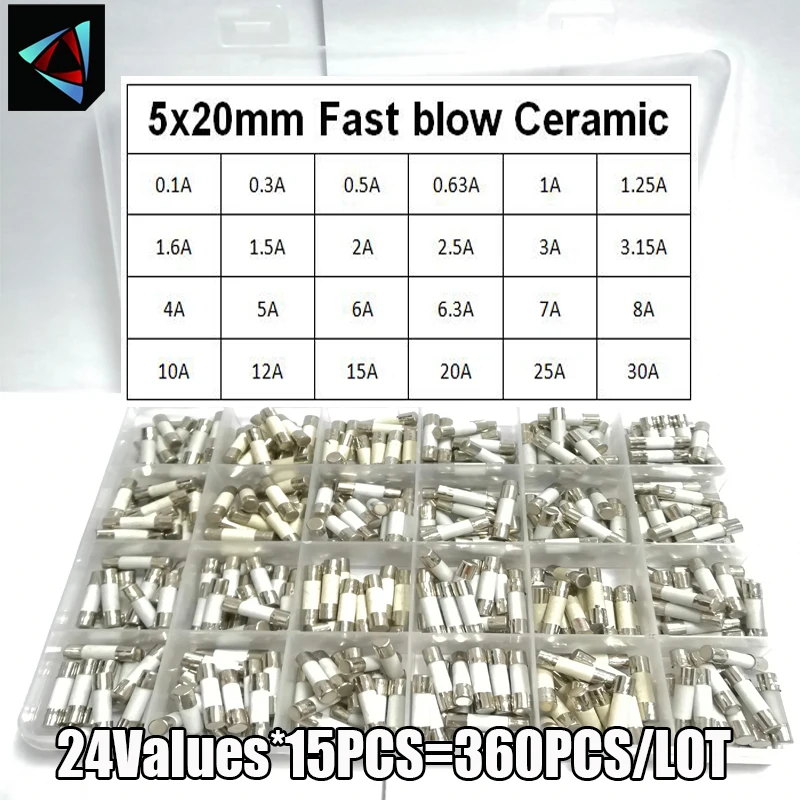 360szt/pudełko 24Wartości 5*20mm Bezpiecznik ceramiczny szybki 250V 0.1A 0.25A 0.5A 1A 1.5A 2A 2.5A 3A 3.15A 4A 5A 6A 6.3A 8A 10A 15A 16A