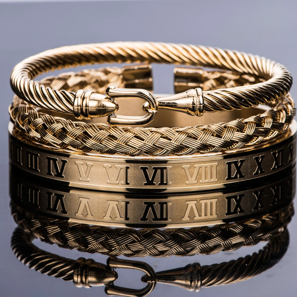 3pcs/Set Royal Roman Bracelets Cable Wire Horseshoe Buckle Bangles For Men Stainless Steel Pulseiras  Jewelry Accessories