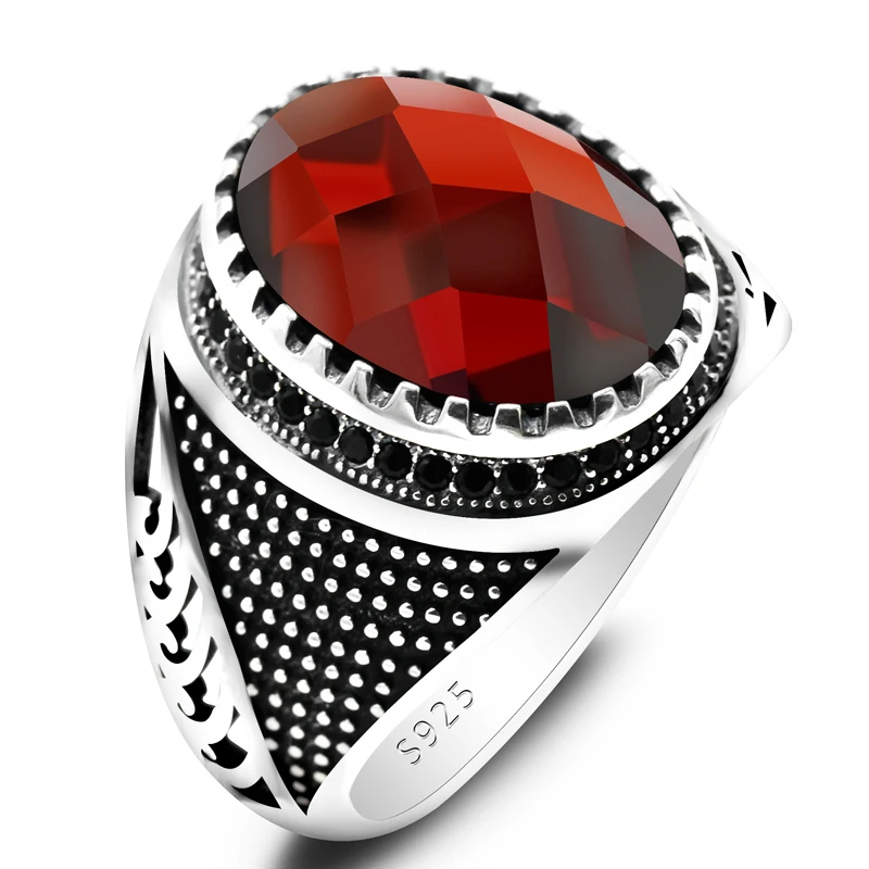 New S925 Sterling Silver Natural Red Zircon Spinel Men's Ring Turkey Gemstone Ring Men's Jewelry