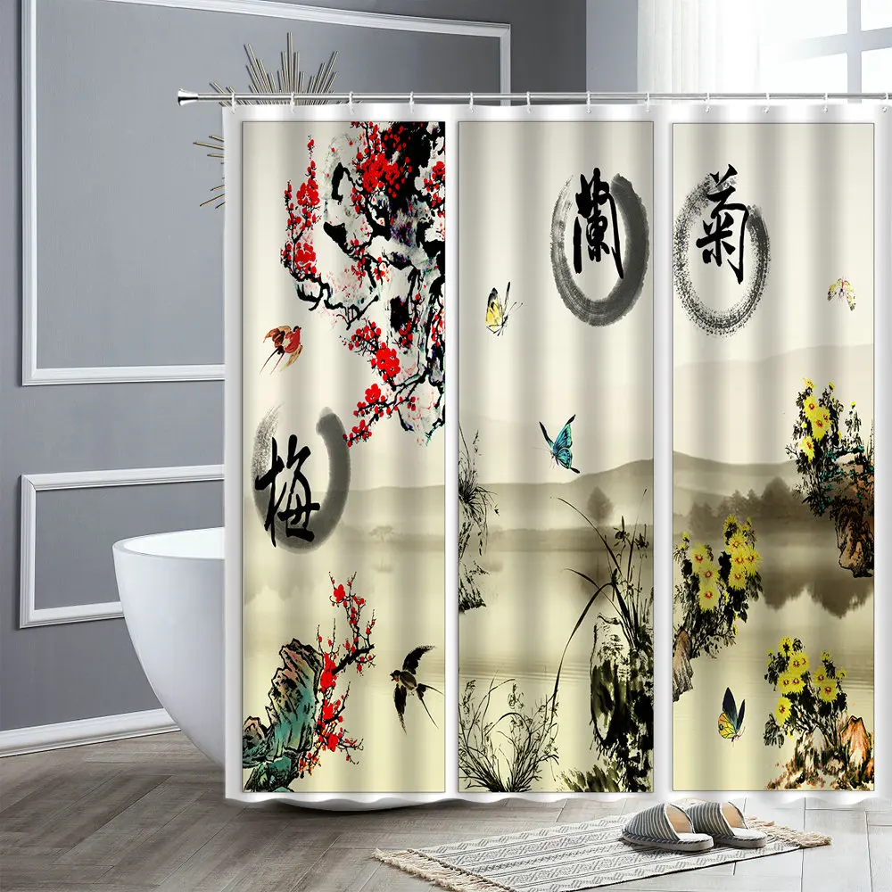 Home Decor Waterproof Shower Curtain Set 3D Plum Orchid Bamboo Water Color Flowers Chinese Ink Painting Fabric Bathroom Curtains