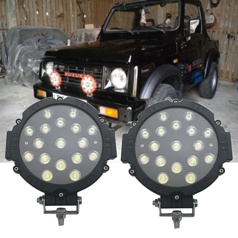 2X 7 inch 7'' 51w 12V 24V led work light bar black red 4x4 offroad car spot Flood beam for J eep truck Auto 4X4 ATV Boat