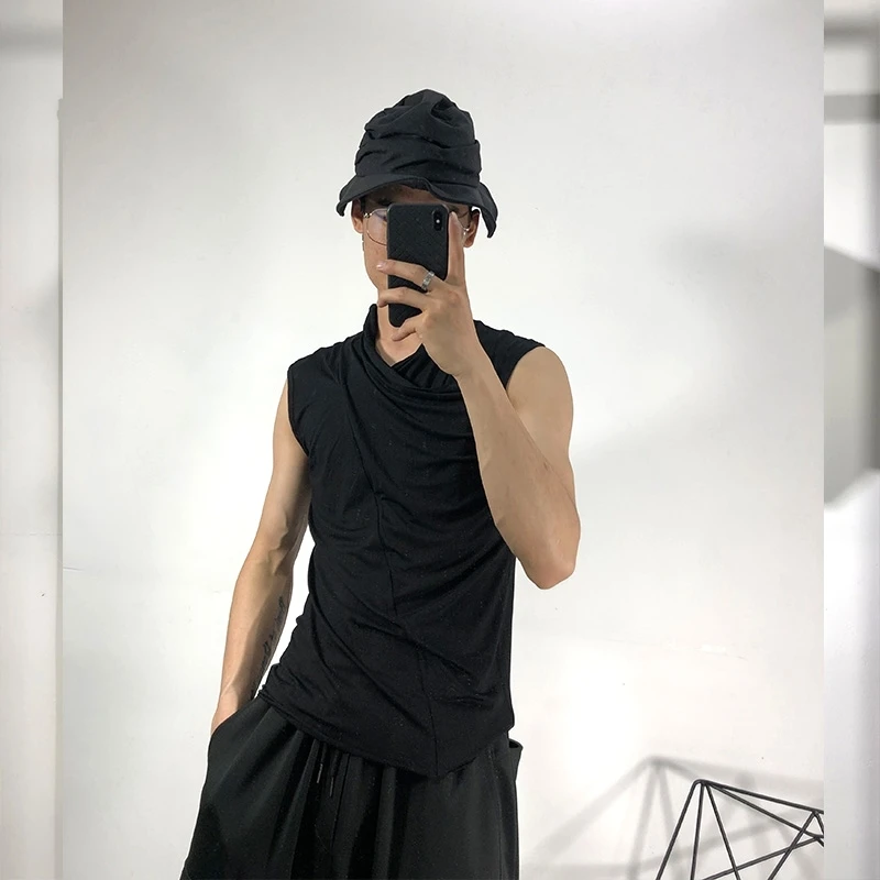 

Men's Sleeveless Vest Summer New High Collar Dark Fashion Trim Sleeveless Elastic Irregular Designer Thin Vest